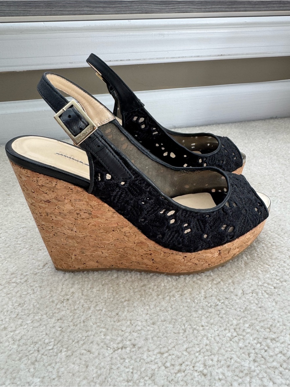 Jimmy Choo Black Lace Peep-Toe Slingback Heel Wedges with Silver Accents